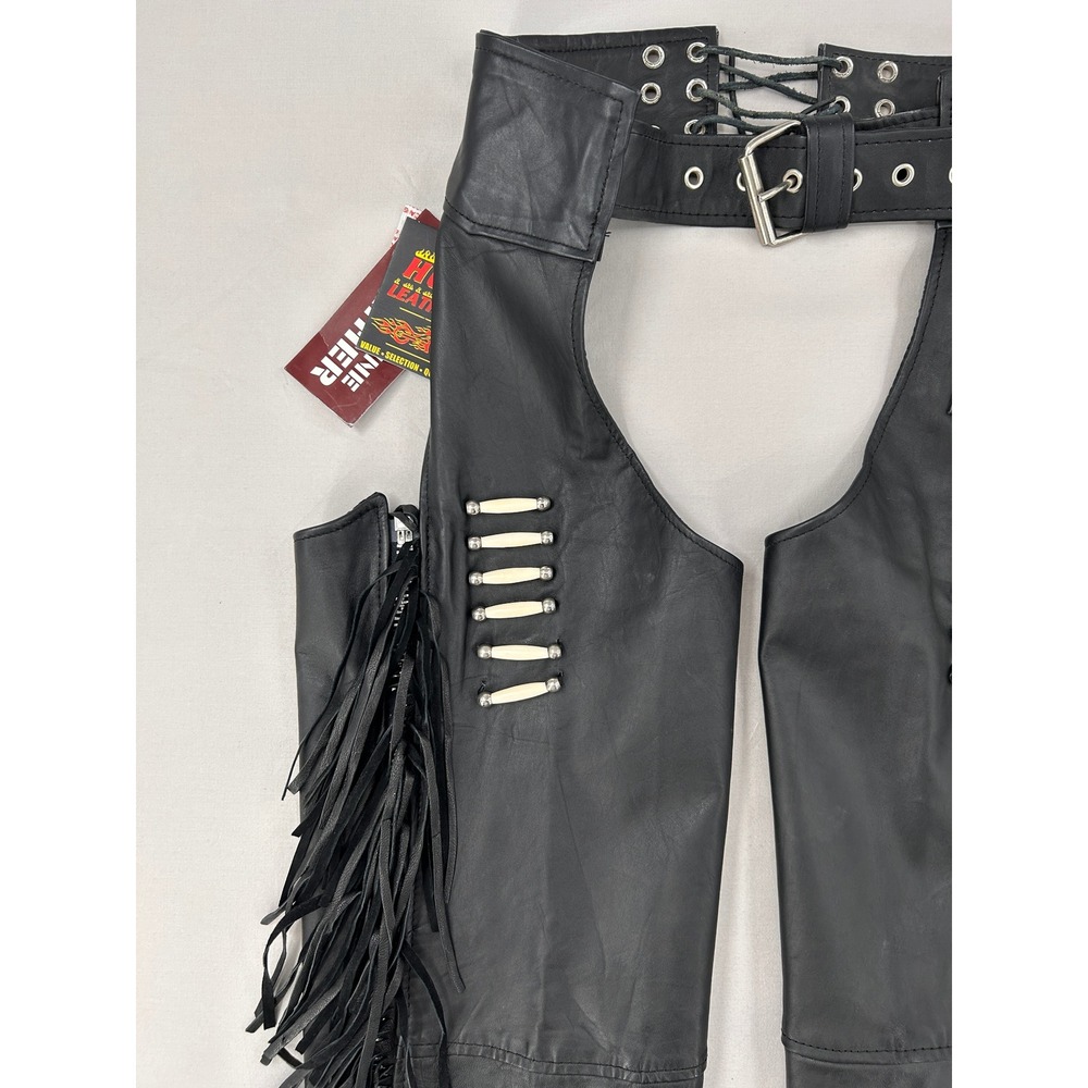 Hot Leathers Womens Black Leather Fringe Chaps Bone Accents XS